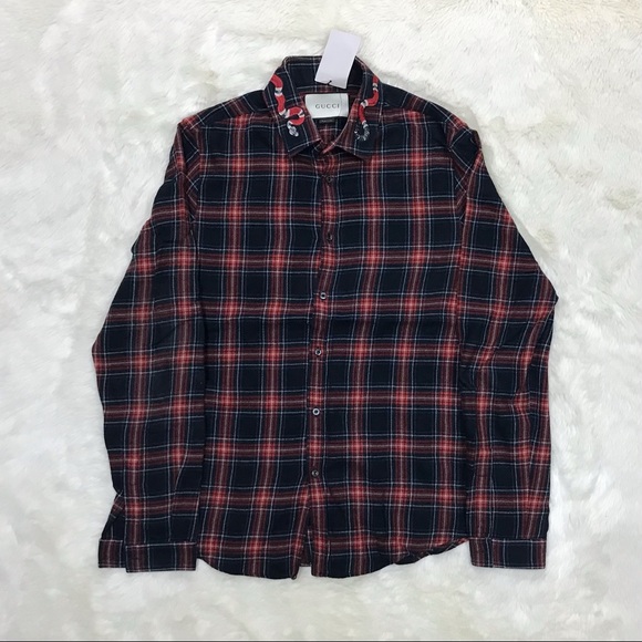 GUCCI Flannel Button Up Shirt - Embroidered Snake Pattern - Made in Italy - Picture 3 of 7